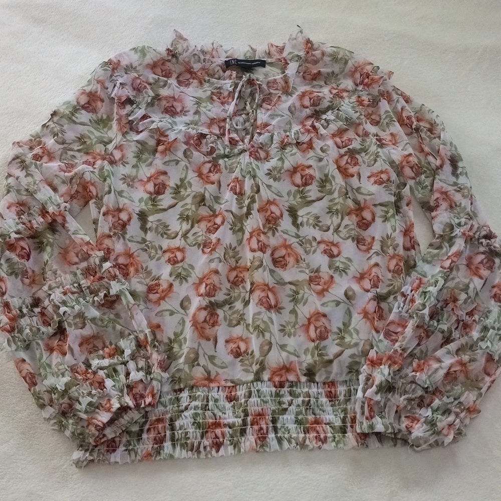 INC International Concepts Pink Rose Floral Chiffon Ruffle Smocked Blouse Small - Picture 13 of 15